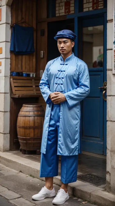 a man, blue Chinese clothes