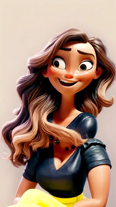 create a disney 3d pixar-style character, woman, white, long light brown hair, blouse with short sleeves black, lemon yellow pan...