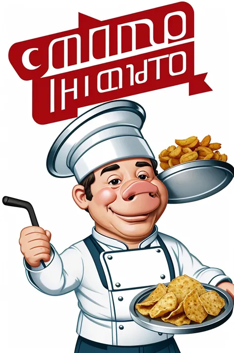 Logo based on the image of a pig dressed as a chef, holding a silver tray with a lid, with white background, caricature style, for a pork and chicharronería restaurant