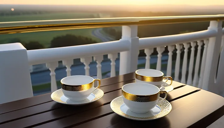 Porcelain cups with intricate gold designs, set on matching plates. The cup and saucer are placed on a table near the balcony railing, with America in the background in the warm light of the rising sun. The land of the free stands majestically in the dista...