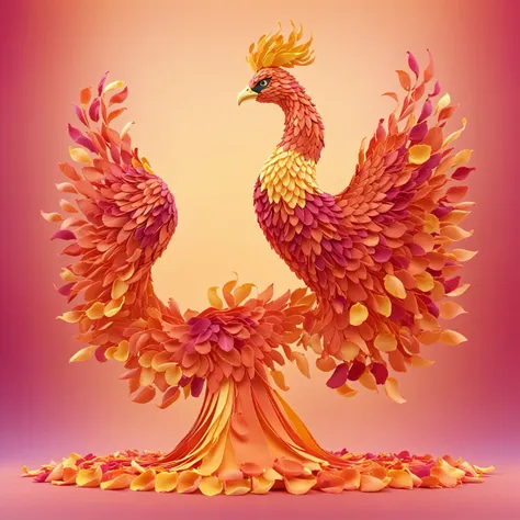 beautiful majestic phoenix made of petals standing, (gradient background),