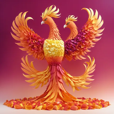 beautiful majestic phoenix made of petals standing, (gradient background),