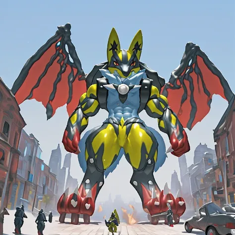 (Solo. masterpiece. official art. 8k. best quality. detailed full body. full body.)
(situation 1 : dominating Shiny_Mega_Lucario. Shiny_Mega_Lucario is over 1000 meters long. focus GIANT mechanical Muscular Shiny_Mega_Lucario is trampling the city. Looking...