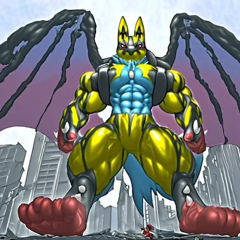 (Solo. masterpiece. official art. 8k. best quality. detailed full body. full body.)
(situation 1 : dominating Shiny_Mega_Lucario. Shiny_Mega_Lucario is over 1000 meters long. focus GIANT mechanical Muscular Shiny_Mega_Lucario is trampling the city. Looking...