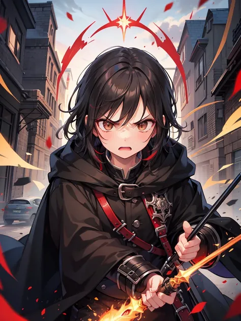 masculine teenage boy, medium length black hair, brown eyes, black cloak, black and red aura, angry expression, red spear