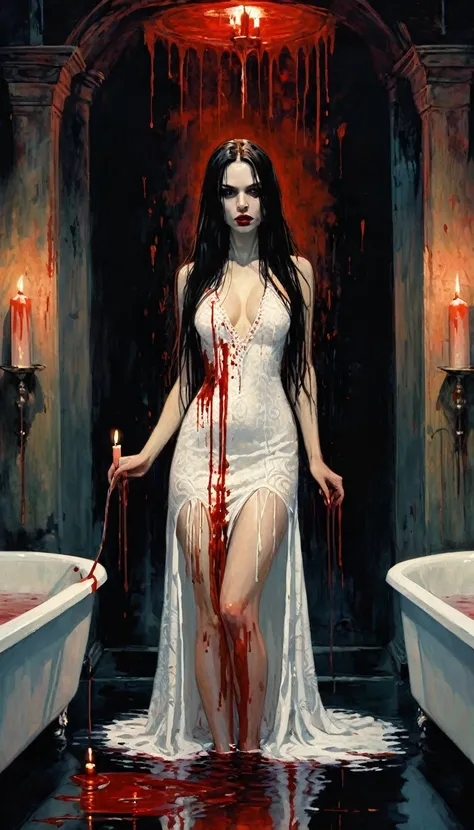 girl with long hair, very sexy, enters a blood baths with a tight white embroidered dress, ritual, great scene image baths with candles: 1.5 terror, horror tones, (art inspired by Bill Sienkiewicz). oil painting)
