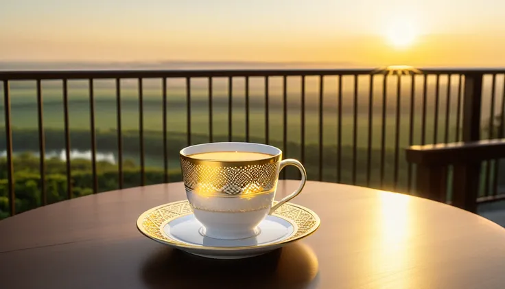 Porcelain cups with intricate gold designs, set on matching plates. The cup and saucer are placed on a table near the balcony railing, with America in the background in the warm light of the rising sun. The land of the free stands majestically in the dista...