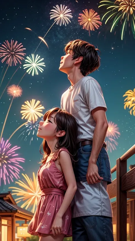 Tanabata Night、Young couple looking up at fireworks