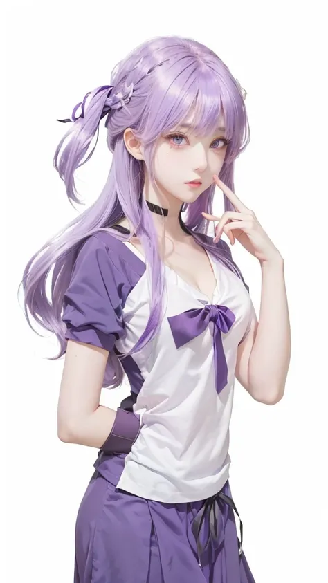 girl with purple hair and a white shirt, gapmoe yandere, hinata hyuga, moe artstyle, yandere. tall, with index finger, gapmoe yandere grimdark, style like fate/stay night, marin kitagawa fanart,