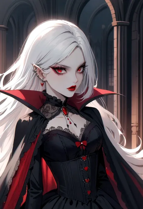 beautiful vampire woman , long  white  hair , eyes red , black gown , black victorian dress , piercing look and red lipstick