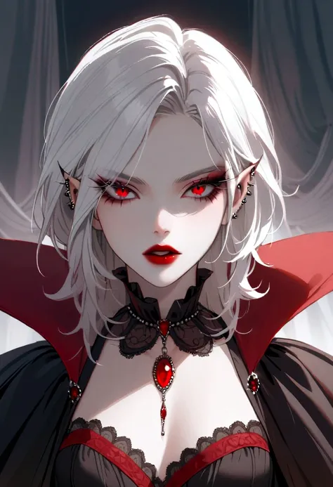 Beautiful vampire woman , long  white  hair , Eyes red , black gown , black victorian dress , piercing look and red lipstick 