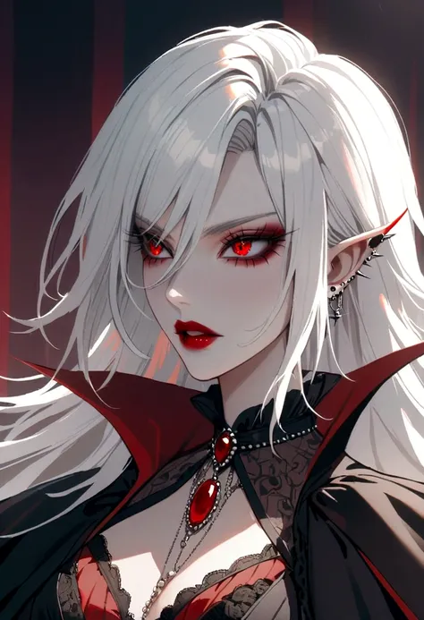 beautiful vampire woman , long  white  hair , eyes red , black gown , black victorian dress , piercing look and red lipstick