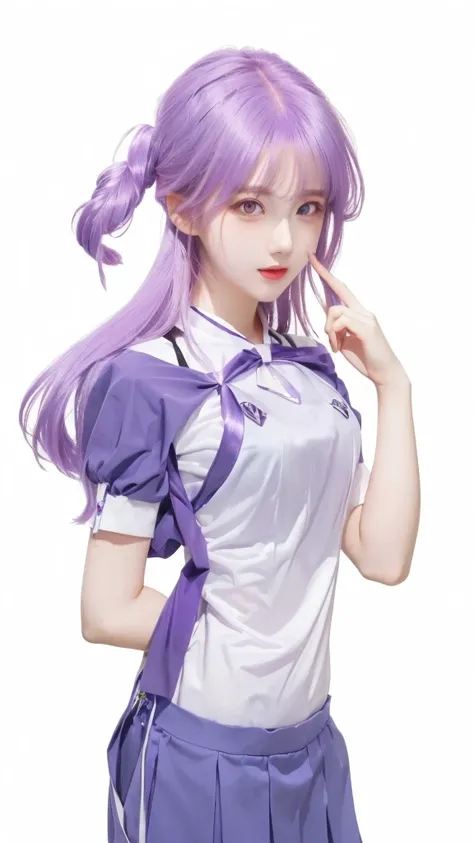 girl with purple hair and a white shirt, gapmoe yandere, hinata hyuga, moe artstyle, yandere. tall, with index finger, gapmoe yandere grimdark, style like fate/stay night, marin kitagawa fanart,