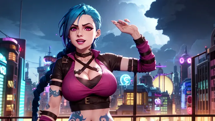 arcane style, 1girl, arm tattoo, asymmetrical bangs, bangs, blue hair, braid, brown shirt, cloud tattoo, looking at viewer, laughing, crazy, uncontrollable laugh, mad look, night, city, green hair, cleavage, large breasts, big cleavage, looking at the view...