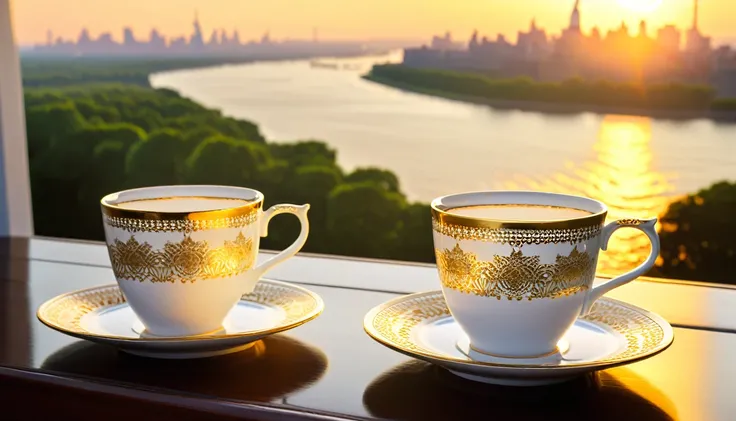 Porcelain cups with intricate gold designs, set on matching plates. The cup and saucer are placed on a table near the balcony railing, with America in the background in the warm light of the rising sun. The state of liberty stands majestically in the dista...