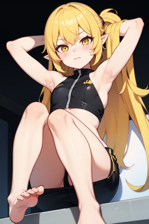 oshino shinobu,long hair,alone,blonde hair,yellow eyes,pointy ears,Cropped,white Cropped,black Shorts,blush stickers,bare shoulders,barefoot,focus on the feet,sitting,armpits,shy,blushing,red cheeks,viewer from below,,five toes,,