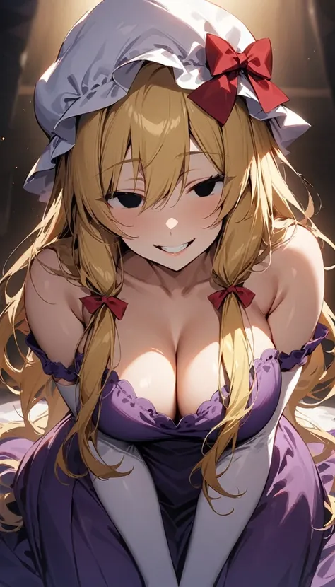 masterpiece, best quality, 1girl, solo, yakumo yukari, adult, white mob cap, blonde hair, (solid eyes), black eyes, ribbon, red bow, purple dress, cleavage, white elbow gloves, large breasts, looking at viewer, smile with teeth, empty look, w arms