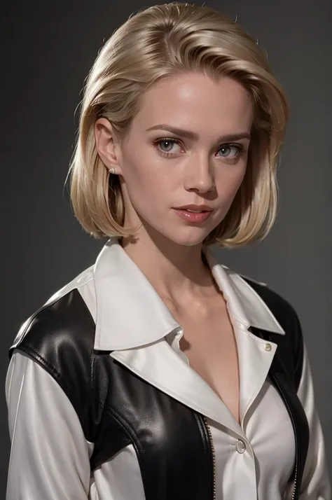 photo of a beautiful woman, (black leather coat white silk shirt:1.2), short hair, blonde hair, detailed face, detailed eyes, upper body focus, mouth closed, smile, looking at viewer, (simple background:1.2),  