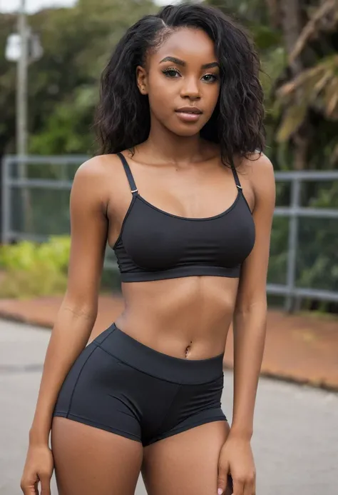 20 year old black African woman, Black hair blackpower Perfect Face, Wearing Thin Strap Bra and Sexy Short Tight Gym Shorts