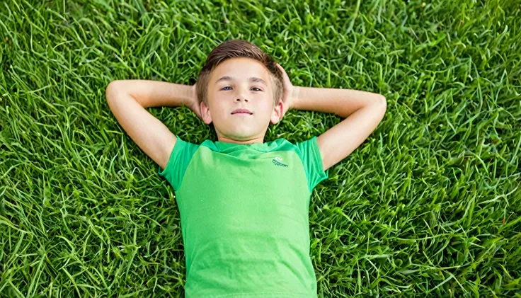 boy lying face up on the grass. Arms behind the head and legs straight.