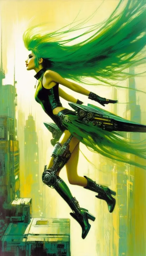 girl in the air, flying girl, very sexy girl, long green hair, punk look, with mechanical wings, flies over a futuristic city:1.5 (art inspired by Bill Sienkiewicz). oil painting)