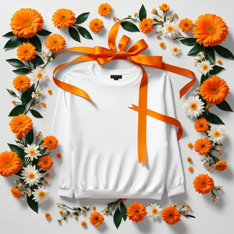 poster design，There is a huge orange gift box around the neck，Ribbon，White crewneck shirt，fantasy，Minimalism，fantasy，Flowers