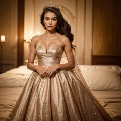 miss universe 2024 in a photo shoot posing in an evening dress with her crown