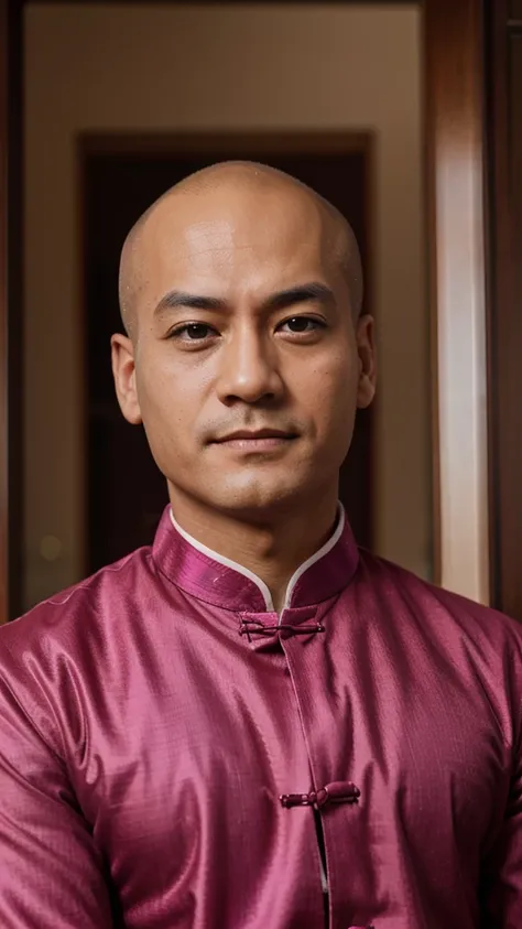 a bold man, no hair, duke, magenta Chinese clothes, close-up, half-body