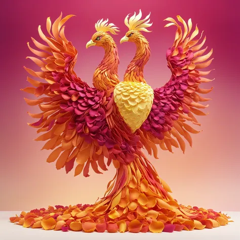 beautiful majestic phoenix made of petals standing, (gradient background),