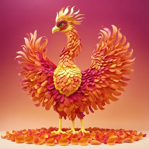 beautiful majestic phoenix made of petals standing, (gradient background),