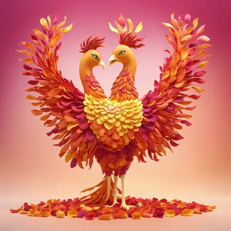 beautiful majestic phoenix made of petals standing, (gradient background),