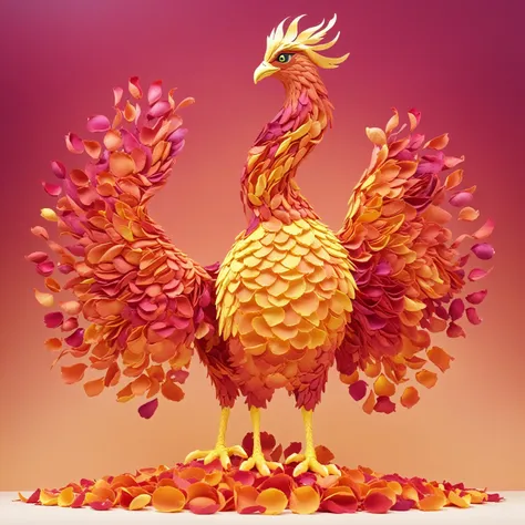 beautiful majestic phoenix made of petals standing, (gradient background),