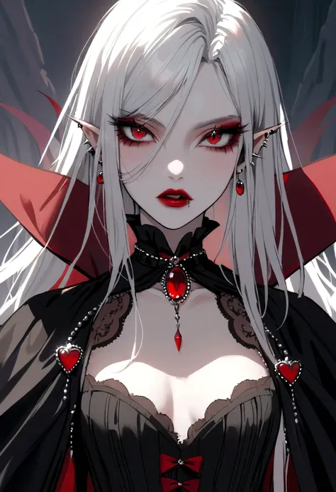 beautiful vampire woman , long  white  hair , eyes red , black gown , black victorian dress , piercing look and red lipstick