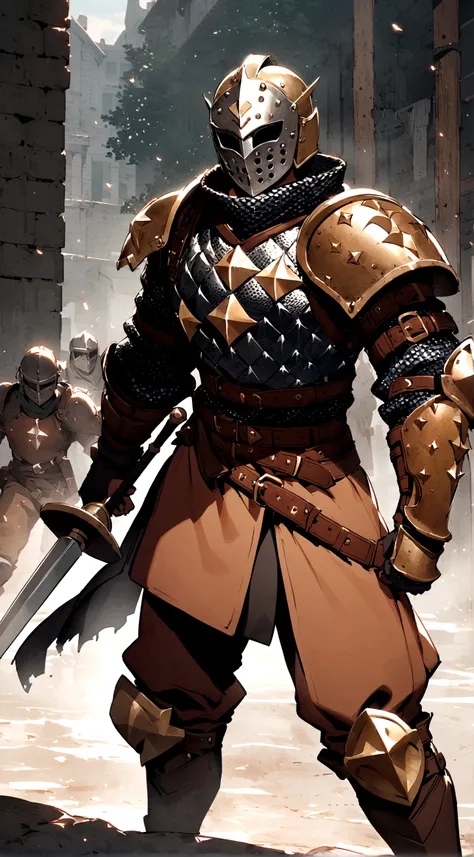 1boy, armor, light armor, gambeson, chainmail, brown pants, boots, copper armor, chestplate, bandolier, belts, shoulder plates, light shoulder armor, arm armor, leg armor, side skirts, black skirts, tattered scarf, black scarf, helmet, face-like helmet, me...