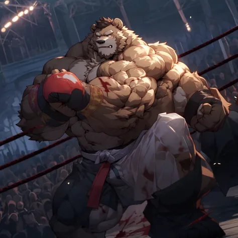 1boy, solo, muscular old man (furry grizzly bear) (bleeding, blood on body), ((fighting arena)), huge muscular, short hair, wearing kickboxing martial arts shorts, (cinematic light vfx background), dark background