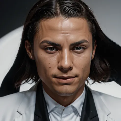 cristiano ronaldo smirking, black suit, white background, close up shoot, only face, 4K, ultra detialed, cinematic shoot, facial expression, 