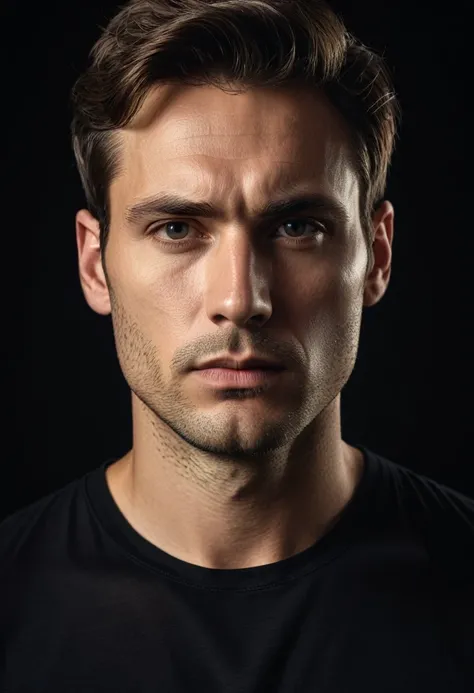 high quality, portrait photo of 30 y.o european man, wearing black shirt, serious face, detailed face, skin pores, cinematic shot, dramatic lighting