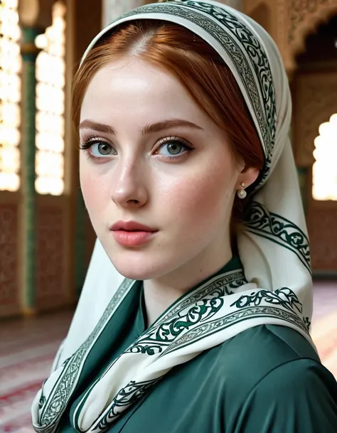 photography full body portrait of very beautiful realistic girl, inside Mosque, porcelain skin, very fair skin, very pale skin, redhead, wavy, ponytail, very detail skin texture, hazel eyes, slanted eyes, small nose, small nostril, think curved eyebrow, th...