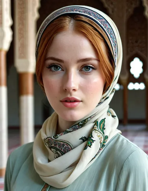 photography full body portrait of very beautiful realistic girl, inside Mosque, porcelain skin, very fair skin, very pale skin, redhead, wavy, ponytail, very detail skin texture, hazel eyes, slanted eyes, small nose, small nostril, think curved eyebrow, th...