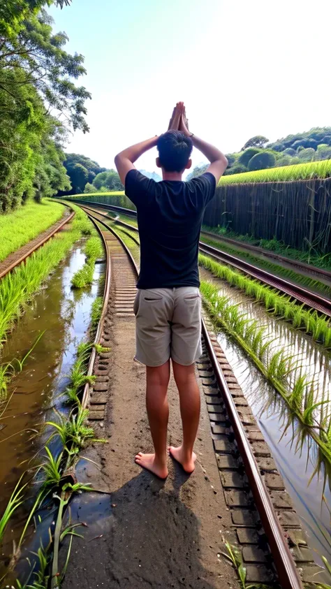 A boy age 30 with normal height and fit Thanking god pose in the paddy field behind the railway track neel down and praising god in back pose