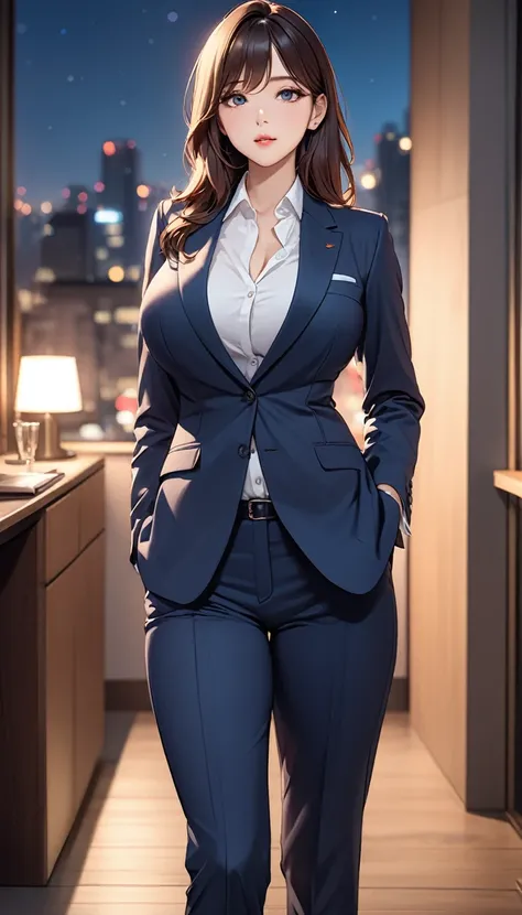 masterpiece, high resolution, beautiful woman, Korean Secretary, 30 years old, pants business suit, beautiful woman, cute, night, standing and looking at me, high resolution face, (high resolution eyes), big tits
