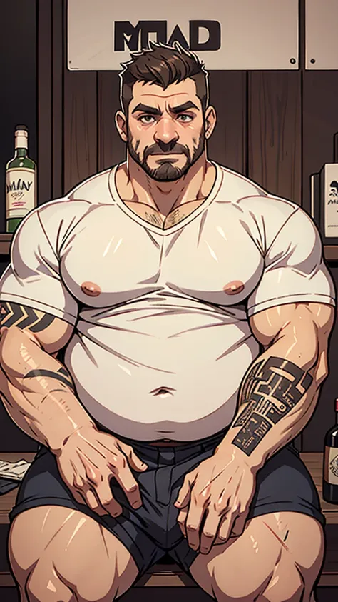 ((detailed face, detailed eyes)), thick body, bara, (plump,chubby, middle aged), romantic, hot, shirt, sit,Mafia style, bod, big thighs, big forearm, tattoo artist, scars