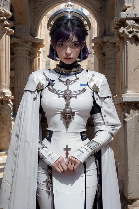 one woman, 25 year old, Greek goddness, purple hairs, blue eyes, greece, ancien temple, perfect bosy, masterclass, HD, 8k, wearing an armor, armor with a mayan design, white cape, dark enegy aura, in an ancient greek temple in ruins