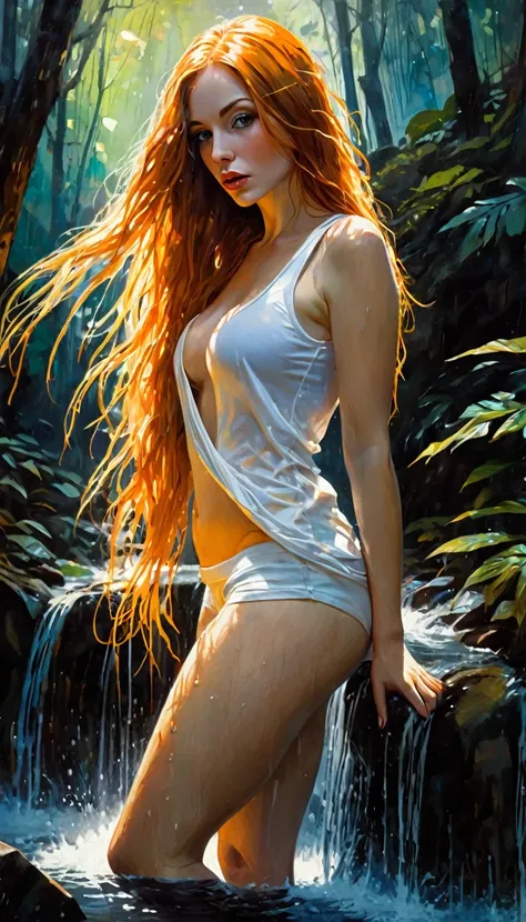 The sexy and dark art of seduction, elegant, long orange hair, medium breasts, perfect ass, in short jeans and a white tank top, showering in a waterfall in the forest, very sexy and erotic, (art inspired by Bill Sienkiewicz). oil painting) (best quality,4...