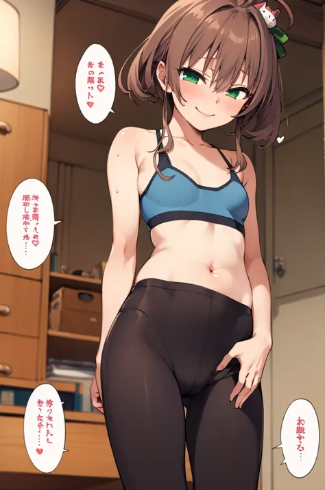 1girl, solo, detailed face,natsuiro matsuri,my room,smile,ahoge, bangs, , black ribbon, blush, , cat hair ornament,  , green eyes, green ribbon, hair between eyes, hair ornament,,looking viewer,standing,sports bra,leggings