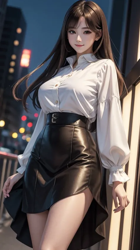 Anime, masterpiece, best quality, extremely detailed, hyperrealistic, photorealistic, Anime young 1 girl 18 years, white blouse, black skirt, perfect very beautiful body, long brown hairs, big perky breasts, realistic skin, ultra detailed face:1.1, modern ...