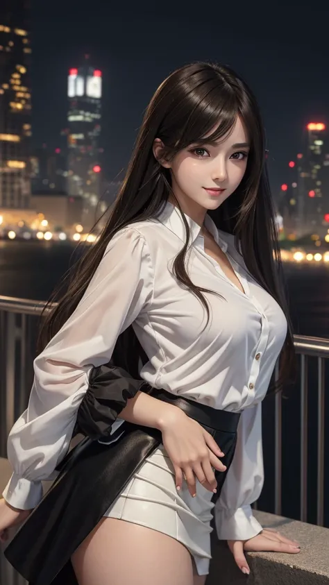 Anime, masterpiece, best quality, extremely detailed, hyperrealistic, photorealistic, Anime young 1 girl 18 years, white blouse, black skirt, perfect very beautiful body, long brown hairs, big perky breasts, realistic skin, ultra detailed face:1.1, modern ...