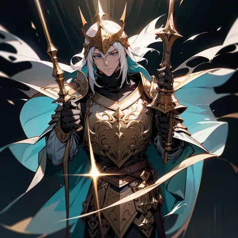 game character design，holy paladin，A tasteful, heavy armor envelops the whole body.，Helmet，He has a strong and splendid scepter.，heavy boots，（full body esbian：1.4），side，solid color background，pretty background，Depth of the bounds written，highlight，real lig...