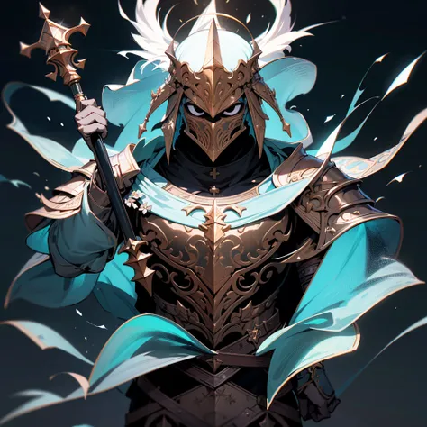 game character design，holy paladin，A tasteful, heavy armor envelops the whole body.，Helmet，He has a strong and splendid scepter.，heavy boots，（full body esbian：1.4），side，solid color background，pretty background，Depth of the bounds written，highlight，real lig...