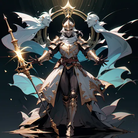 game character design，holy paladin，A tasteful, heavy armor envelops the whole body.，Helmet，He has a strong and splendid scepter.，heavy boots，（full body esbian：1.4），side，solid color background，pretty background，Depth of the bounds written，highlight，real lig...